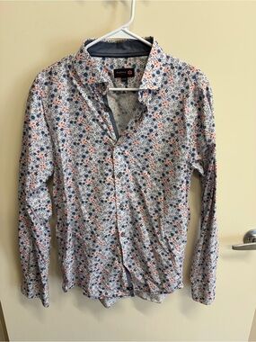 Men's Floral Button-Down Shirt in White with Blue & Orange Accents